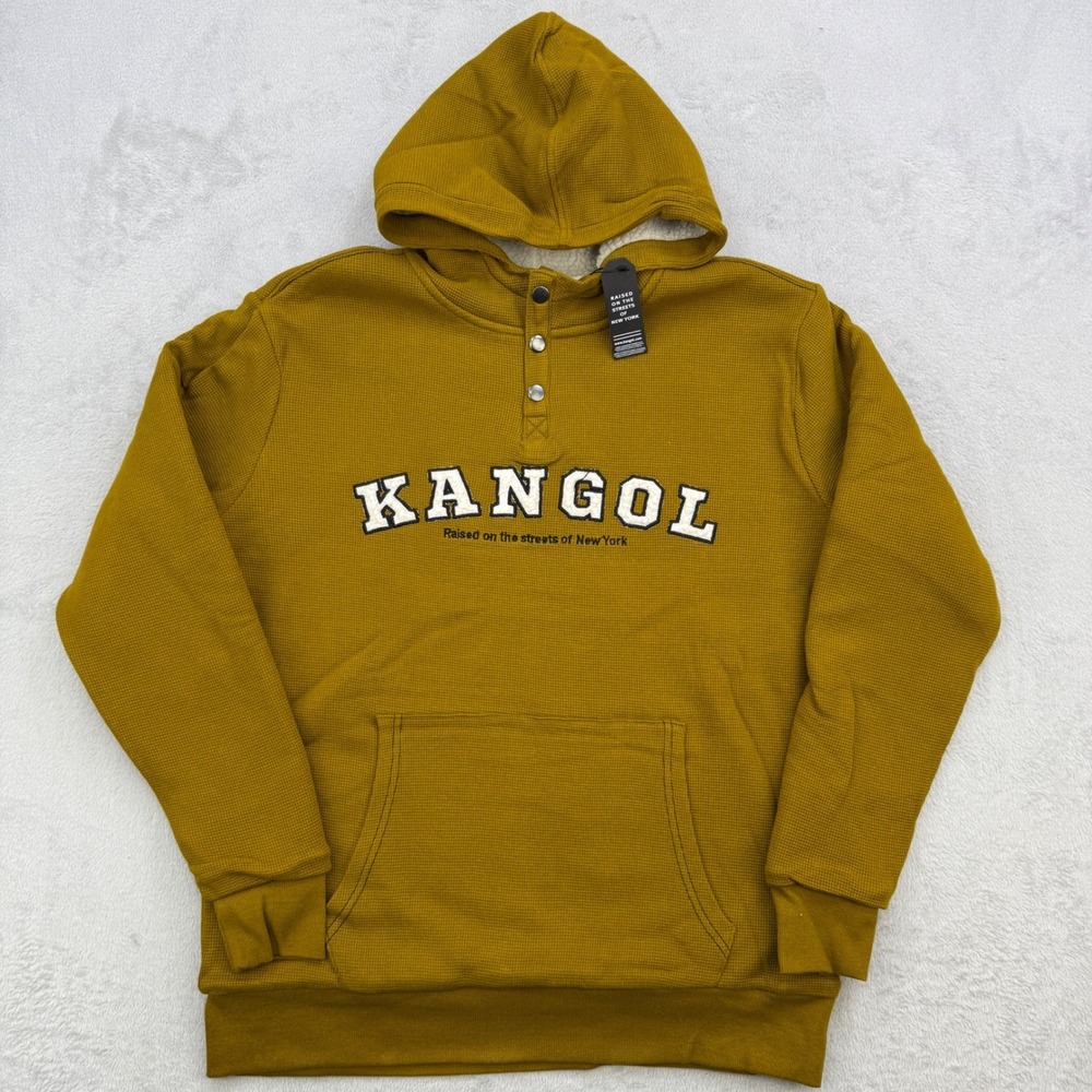 Kangol Hoodie Mens Large Thermal Henley Mustard Yellow Sherpa Lined Streetwear